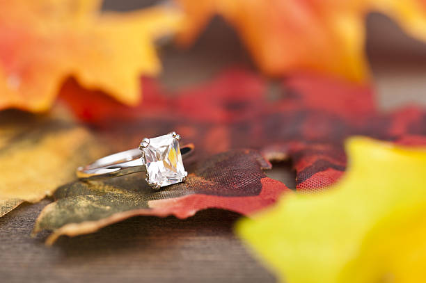 istock Single diamond engagement ring on a colorful leaf 179219462