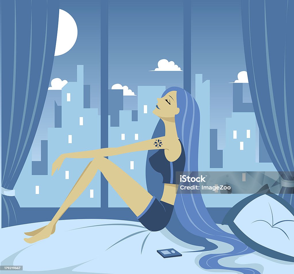 Mujer Meditando en la cama - Ilustración de stock de Adulto libre de derechos