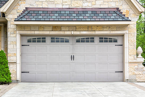 istock Traditional two car garage with windows and grey panels 179220317