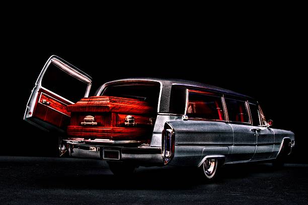 Rockville, Indiana, USA - October 29, 2023: Abandoned funeral hearse on the grounds of the Indiana State Sanatorium