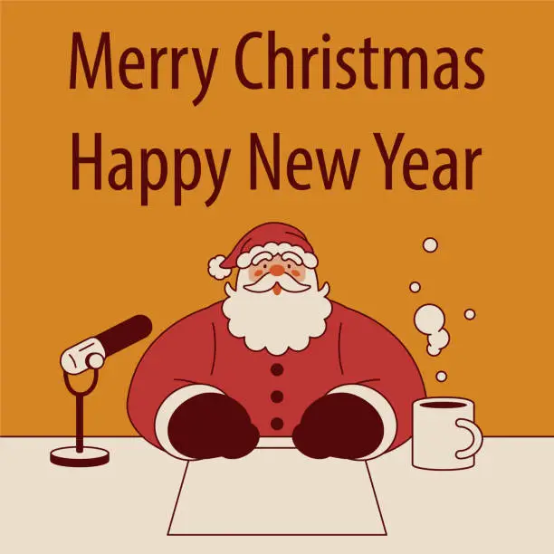 Vector illustration of Santa Claus radio host or podcaster is producing a radio show or live stream to wish you a Merry Christmas and a Happy New Year