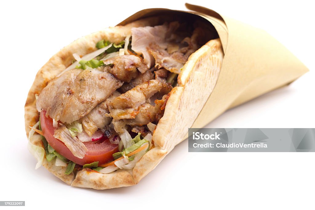 Close up of Mediterranean style kebab sandwich close up of kebab sandwich on white background Kebab Stock Photo