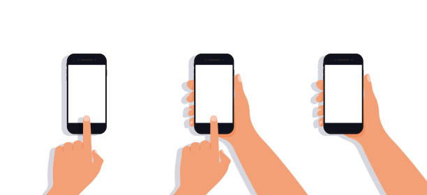 istock Hands with phone for mobile device design. Man or woman holding smartphone with white screen. vector illustration. 1792226154