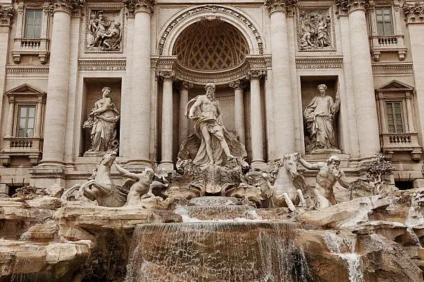 The Trevi Fountain is a fountain in the Trevi district in Rome, Italy. Standing 26.3 metres high and 49.15 metres wide, it is the largest Baroque fountain in the city and one of the most famous fountains in the world