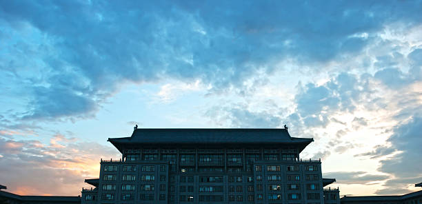 Pavilion style teaching building in Harbin Engineering University in the evening, located in Harbin City, Heilongjiang Province, China. Harbin Engineering University (also referred to as HEU) was founded in 1953. HEU is an important base for talent cultivation and scientific research in the fields of ship industry, ocean exploration and nuclear application.