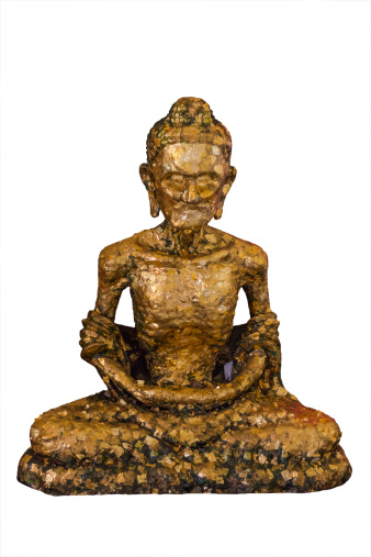 Golden statue depicts a gaunt Buddha with ribs and veins showing while he fasted during his enlightenment