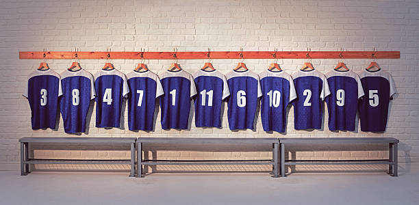 Football Shirts Football Shirts in Dressing Room team sport stock pictures, royalty-free photos & images