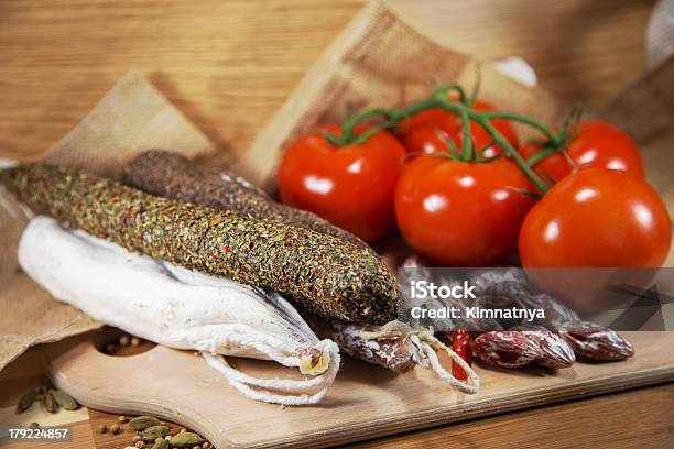 Salami Assorted With Tomatoes Stock Photo - Download Image Now - Antipasto, Beef, Breakfast