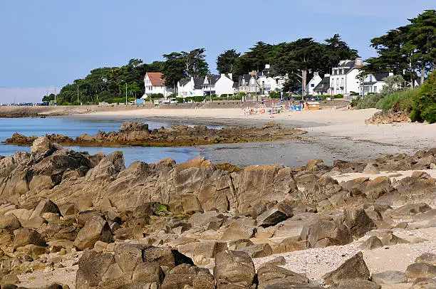 Rocky coast and beach of Carnac in the Morbihan department in Brittany in north-western France