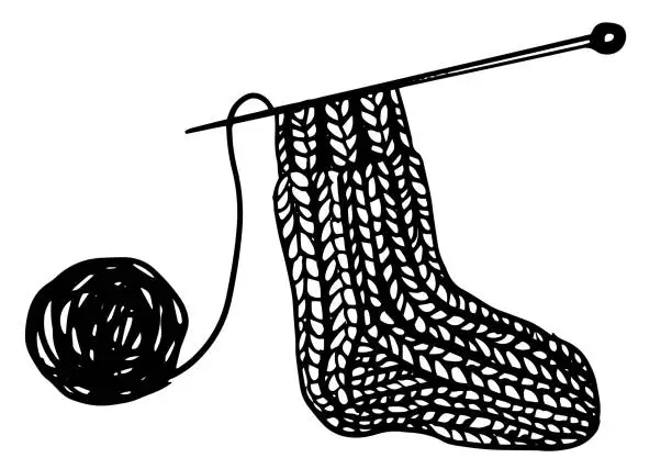 Vector illustration of Knitted socks with knitting needles and Balls of yarn doodle vector illustration. Winter knitted clothes. Cozy New Year and winter outwear holiday symbols.