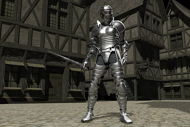 knight in città medievale street - shining armor foto e immagini stock