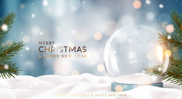 クリスマスの空のガラスのスノードームは、雪に覆われた、境界線に沿った緑の木の枝、ブルーゴールドのぼやけた光のボケ味の背景に立っています。リアルな3dデザインのクリスマス魔法� - christmas gold green backgrounds点のイラスト素材／クリップアート素材／マンガ素材／アイコン素材