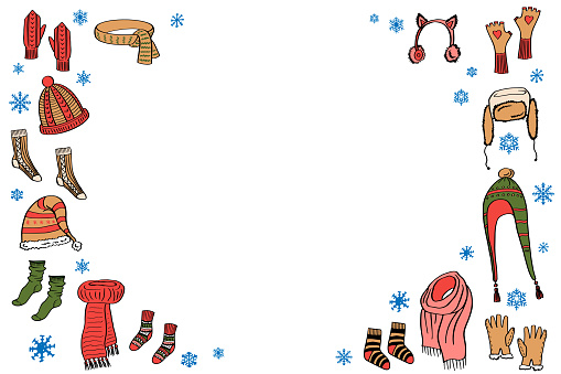 Worm doodle winter clothes frame. Knitted hats, socks, scarf, mittens. Hand drawn style Isolated vector illustration for poster, sale banner, social media design. Blue, orange color.