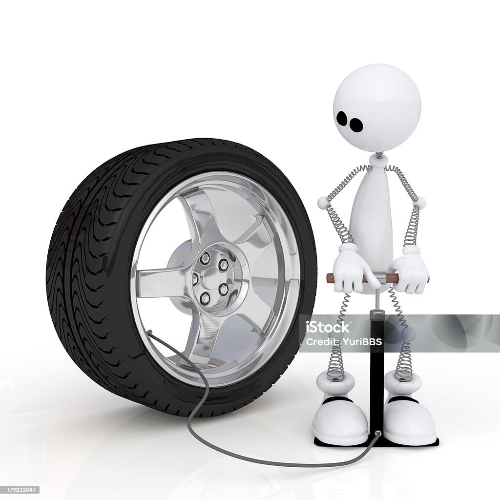 The 3D little man pumps up a wheel. The white person on springs is engaged in car repair. Badge Stock Photo