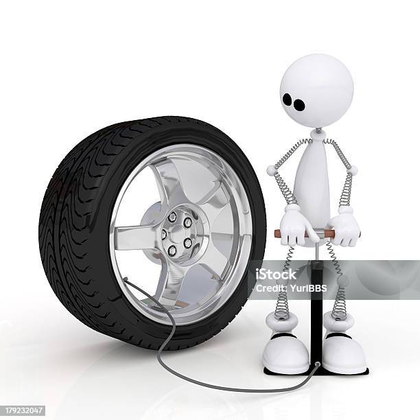 The 3d Little Man Pumps Up A Wheel Stock Photo - Download Image Now - Badge, Car, Car Accident