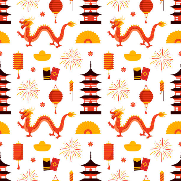 ilustrações, clipart, desenhos animados e ícones de feliz ano novo chinês 2024 design de padrão sem costura. tradução: ano do dragão. com lanterna, dragões e elementos da china em ilustração plana - snake year china chinese new year