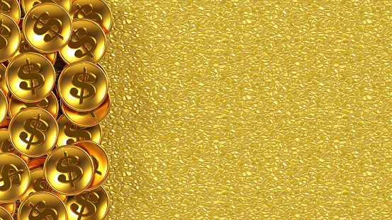 3D rendering of a pile of golden dollar coins on a glittering gold background, finance, investment and savings concept