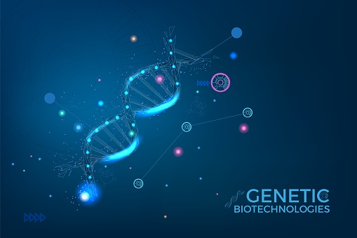 Gene structure, genetic dna manipulation. Molecule edition in biology, agriculture or medical technology, science derk blue background. Chromosome molecules chain. Vector health digital 3d concept