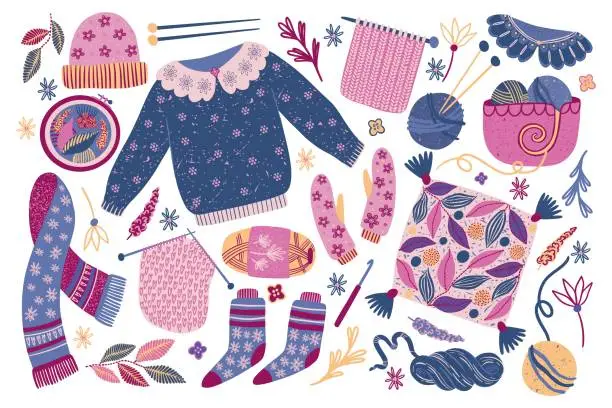 Vector illustration of Winter knit. Wool sweater and scarf. Knitwear cloth objects. Warm hat or socks Fluffy outerwear with woolen patterns. Handmade clothing. Embroidery and crochet. Vector cartoon illustration