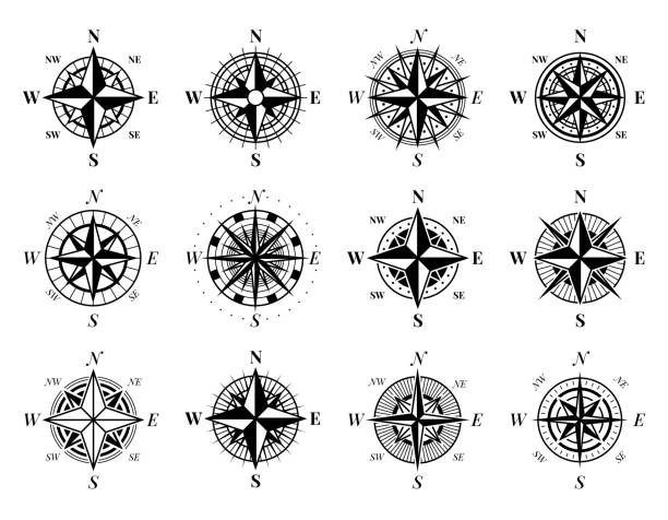 古いアイコンをコンパスします。ビンテージの航海風のバラとナビゲーション機器。地図作成記号。北マップの向き。シルエット地形機器。ベクター移動方向ピクトグラムセット - north map direction old点のイラスト素材／クリップアート素材／マンガ素材／アイコン素材