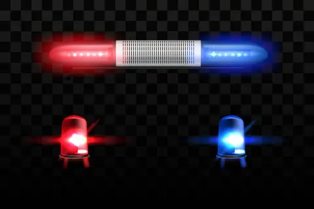 Vector illustration of 3D alarm lights. Traffic sirens. Ambulance or police lamps. Red and blue emergency beacon flash. Cop car lantern with reflection. Dark transparent background. Vector realistic objects set