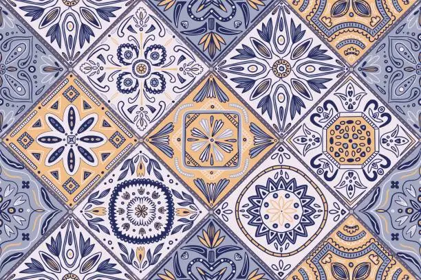 Vector illustration of Ceramic tile pattern, mosaic decor. Floral print for wall in vintage portuguese patchwork style, blue floor background. Decor textile, wrapping paper, wallpaper. Vector seamless texture
