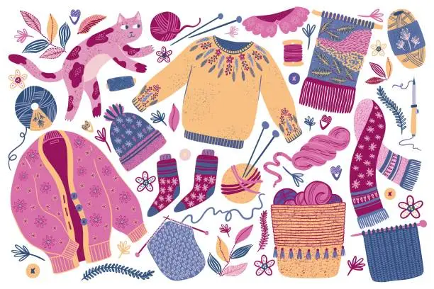 Vector illustration of Wool cardigan or sweater. Handmade clothing. Scarf and socks. Funny pet cat. Knitting tools and knitted winter mittens. Macrame hobby. Basket with yarn balls. Vector flat illustration