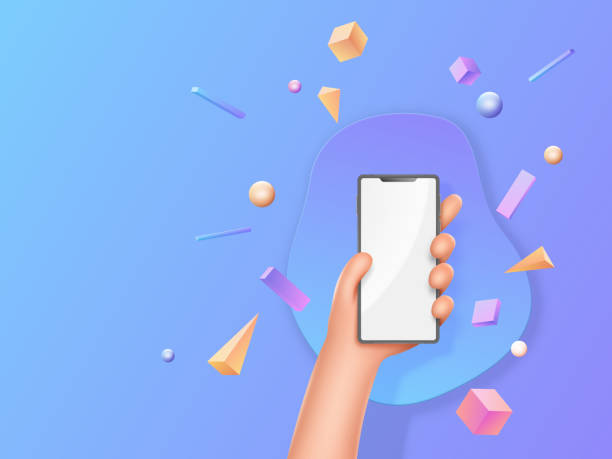 istock Smartphone kant, person hands hold phone with white blank screen, advertisement template. Man handful with mobile, online information, handle render, message concept. Vector cartoon people 1792330324