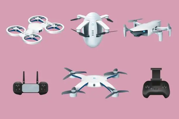 Vector illustration of Drone robots. Aerial unmanned vehicle. Controller and propeller. Quadcopter transportation for video. UAV technology. Control joystick. Isolated copters set. Vector 3D illustration