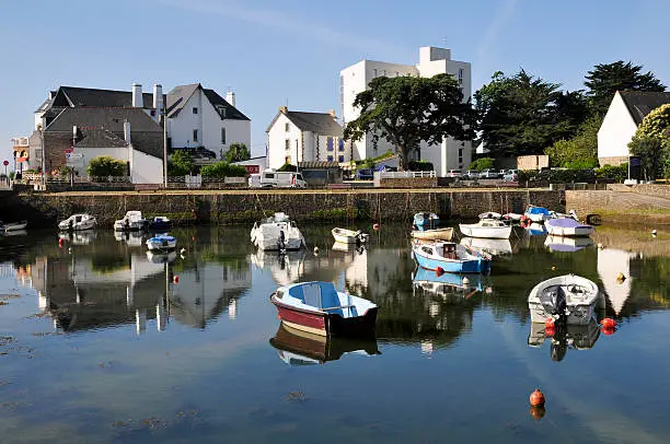 Port of Carnac with buildings in the background, in the Morbihan department in Brittany in north-western France