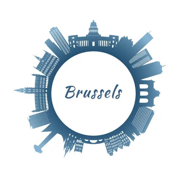 Vector illustration of Brussels skyline with colorful buildings. Circular style. Stock vector illustration.