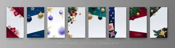 Vector illustration of Trendy editable Xmas template for social networks. Set of stories template. Realistic design elements.