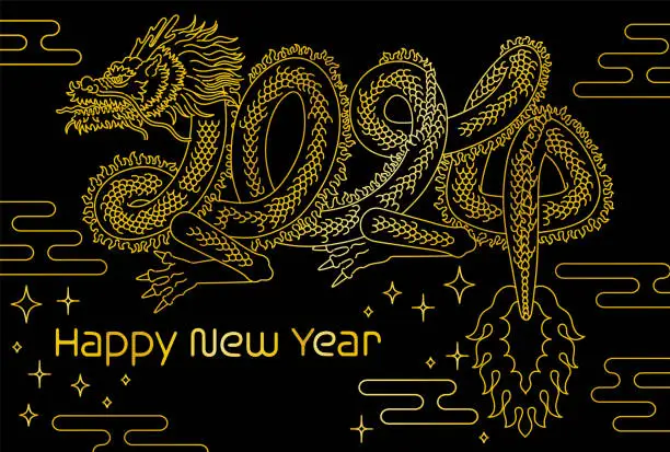 Vector illustration of This is a New Year's card that expresses the year 2024 in the body of a dragon.