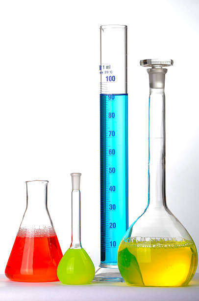 istock Test tubes and beakers in research laboratory with colorful solutions 179234782