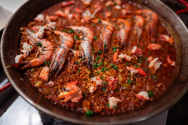 istock Traditional spanish seafood paella with prawns (gambas) 1792350553