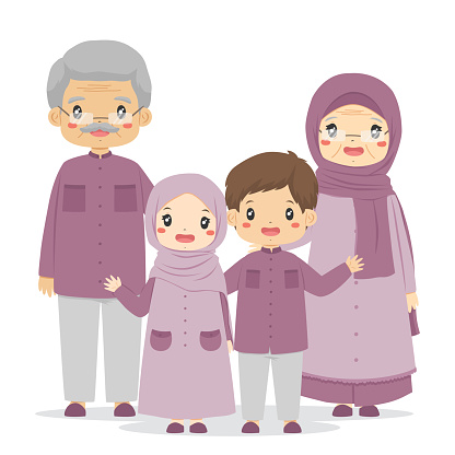 Happy Muslim grandparents and grandchildren in purple clothes standing together. Muslim family characters vector.