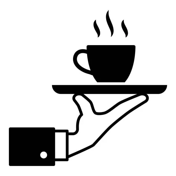 Vector illustration of Cup of hot coffee on tray and hand solid icon, catering business concept, service vector sign on white background, glyph style icon mobile concept web design. Vector graphics.