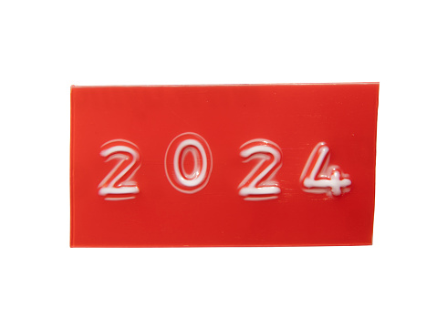 2024 on embossed label sticker on white background with clipping path