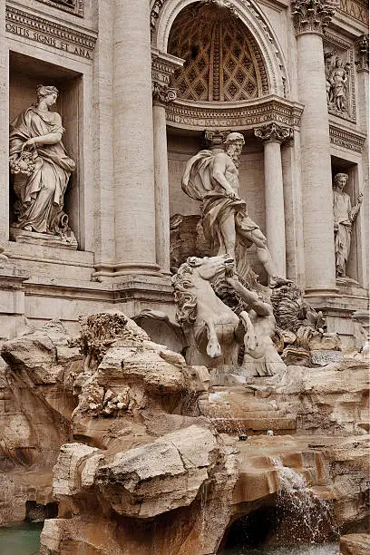 The Trevi Fountain is a fountain in the Trevi district in Rome, Italy. Standing 26.3 metres high and 49.15 metres wide, it is the largest Baroque fountain in the city and one of the most famous fountains in the world