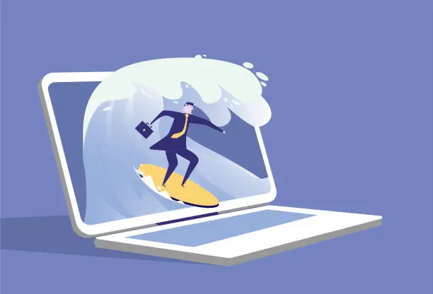 Vector illustration of business man surfing on laptop