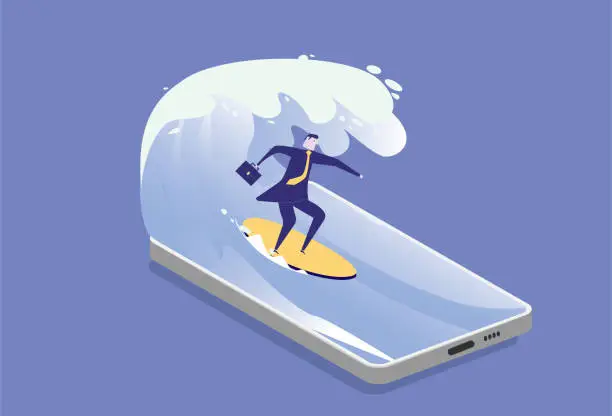 Vector illustration of business man surfing the Internet using mobile phone