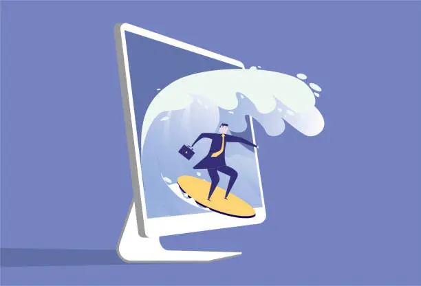 Vector illustration of businessman surfing the web on desktop computer