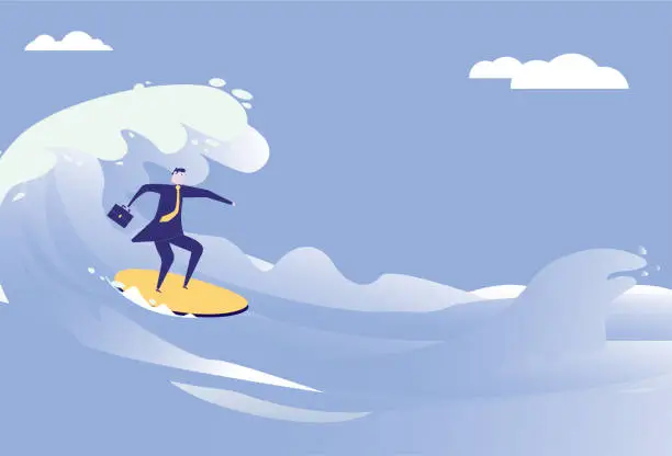 Vector illustration of business man surfing on the sea, challenging himself.