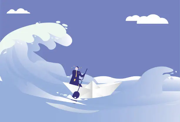 Vector illustration of Business man sails in huge waves in a paper boat, escaping from adversity