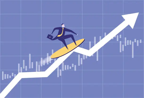 Vector illustration of Business man surfing on rising stock market arrow.