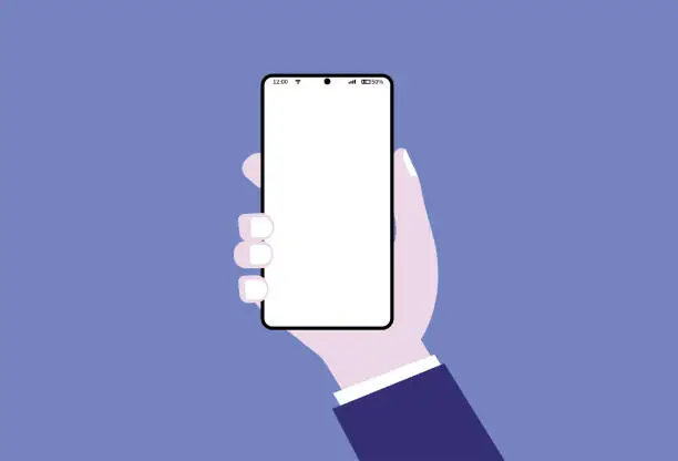 Vector illustration of hand holding mobile phone template picture