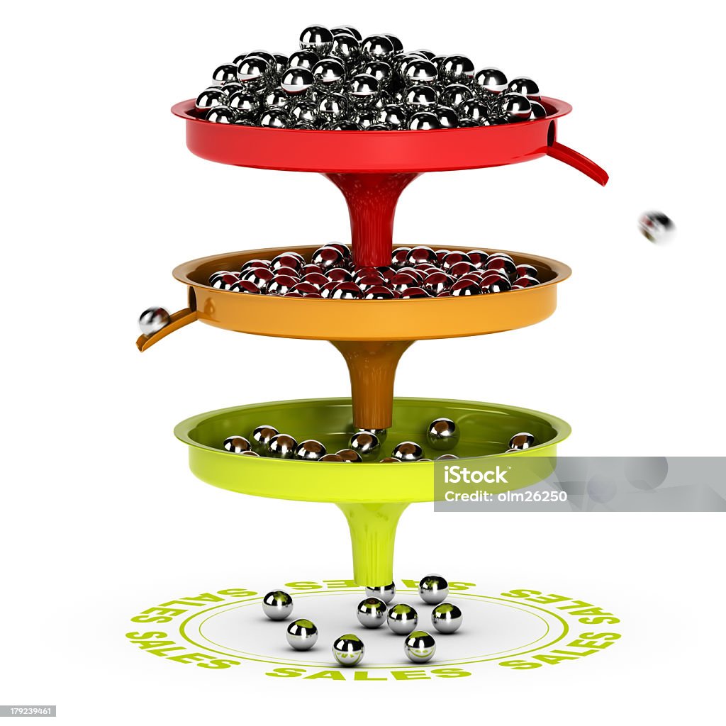 Sales Funnel, Ecommerce Conversion Rate Sales funnel with three levels. Chrome balls and sales target. 3D render over white background suitable for business conversion from leads to customers Marketing Funnel Stock Photo