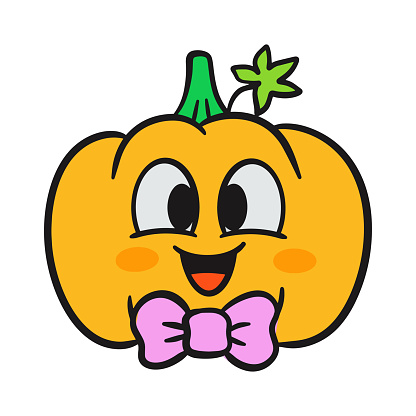 Funny happy pumpkin with bow tie cartoon isolated on white