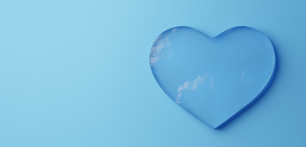 3D Illustration.Ice heart on light blue background. Copy space. (horizontal)