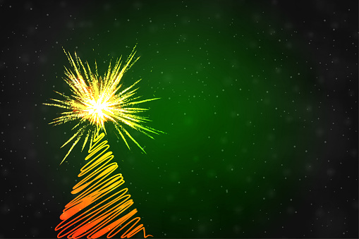 Horizontal illustration of one abstract creative christmas tree over dark green backgrounds with sparkling fireworks like anaar or flowerpot crackers in the backdrop. The backdrop is glittering empty and blank with no text and no people and copy space. Can be used as Xmas, Diwali, New Year backgrounds, wallpaper, greeting card, gift wrapping paper sheet, posters, banners templates and backdrops.